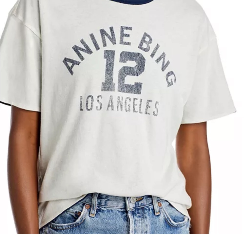 Anine Bing Cream Short-Sleeve Tee with Navy Trim and Graphic - Picture 2 of 7